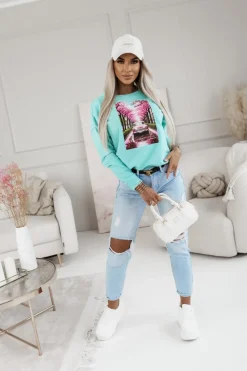 CandyTM BLUZA BAWEŁNIANA AUTKO KWIATY TURKUSOWA