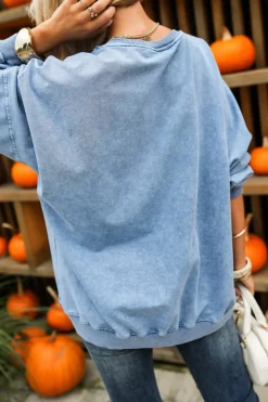 CandyTM BLUZA BAWEŁNIANA DEKATYZOWANA Z OZDOBNYM KWIATEM NIEBIESKA