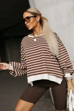 CandyTM BLUZA BAWEŁNIANA MERRY OVERSIZE ASYMETRYCZNA Z ROZCIĘCIAMI PO BOKACH W PASKI BRĄZOWO-BEŻOWE