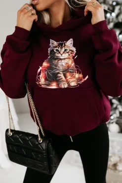 CandyTM BLUZA BAWEŁNIANA OCIEPLANA Z KOTKIEM BURGUNDOWA