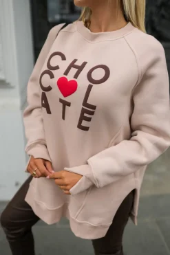 CandyTM BLUZA BAWEŁNIANA OVERISZE OCIEPLANA Z NAPISEM CHOCOLATE BEŻOWA