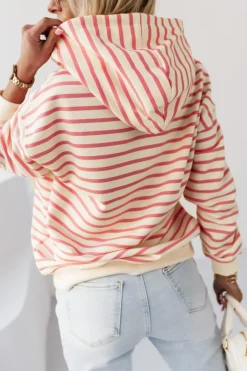 CandyTM BLUZA BAWEŁNIANA RAPLH Z KAPTUREM W PASKI ECRU-MORELOWE