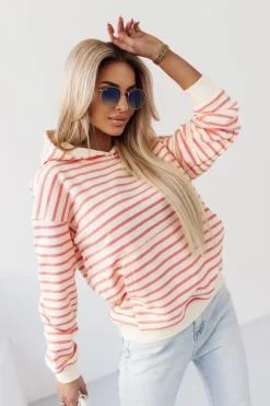 CandyTM BLUZA BAWEŁNIANA RAPLH Z KAPTUREM W PASKI ECRU-MORELOWE