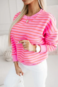 CandyTM BLUZA BAWEŁNIANA TIAMO WYKOŃCZONA ŚCIĄGACZEM W PASKI RÓŻOWO-POMARAŃCZOWE