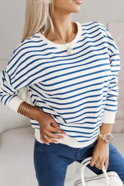 CandyTM BLUZA BAWEŁNIANA TIAMO WYKOŃCZONA ŚCIĄGACZEM W PASKI ECRU-GRANATOWE