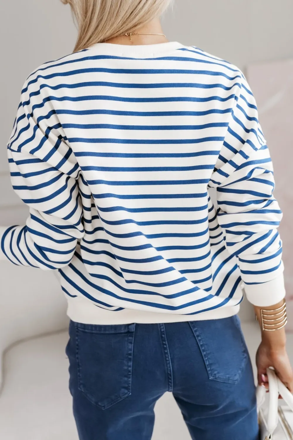 CandyTM BLUZA BAWEŁNIANA TIAMO WYKOŃCZONA ŚCIĄGACZEM W PASKI ECRU-GRANATOWE