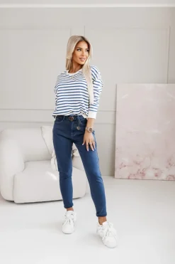 CandyTM BLUZA BAWEŁNIANA TIAMO WYKOŃCZONA ŚCIĄGACZEM W PASKI ECRU-GRANATOWE