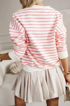 CandyTM BLUZA BAWEŁNIANA TIAMO WYKOŃCZONA ŚCIĄGACZEM W PASKI ECRU-MORELOWE