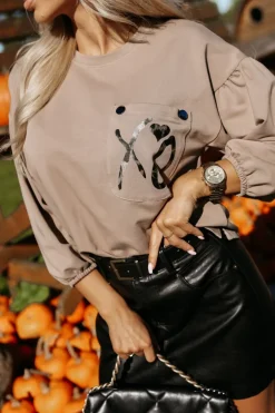 CandyTM BLUZA BAWEŁNIANA Z BUFIASTYMI RĘKAWAMI Z KIESZONKĄ XO BEŻOWA