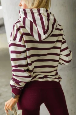 CandyTM BLUZA BAWEŁNIANA Z KAPTUREM W PASY BURGUNDOWO-BEŻOWE