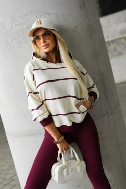 CandyTM BLUZA BAWEŁNIANA Z KAPTUREM W PASKI BEŻOWO-BURGUNDOWE