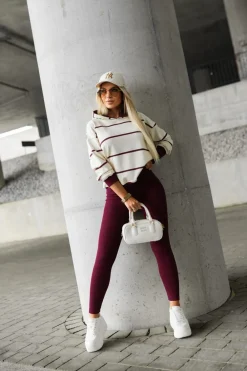 CandyTM BLUZA BAWEŁNIANA Z KAPTUREM W PASKI BEŻOWO-BURGUNDOWE