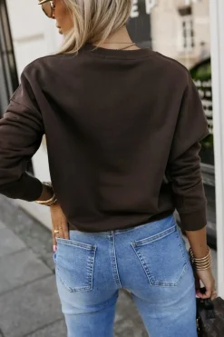 CandyTM BLUZA BAWEŁNIANA Z OKRĄGŁYM DEKOLTEM Z NAPISEM STAYHERE BRĄZOWA