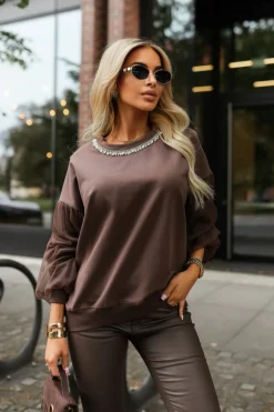 CandyTM BLUZA BAWEŁNIANA Z OZDOBNYMI CYRKONIAMI Z SIATECZKOWYMI RĘKAWAMI CZEKOLADOWA