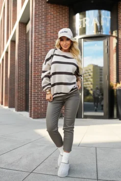 CandyTM BLUZA DRESOWA BAWEŁNIANA OCIEPLANA W PASKI BEŻOWO-CZEKOLADOWE