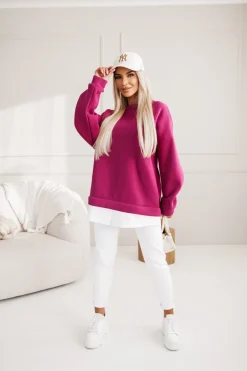 CandyTM BLUZA DRESOWA BAWEŁNIANA OCIEPLANA Z KOSZULOWĄ WSTAWKĄ JAGODOWA