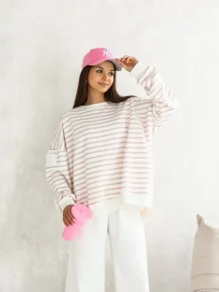 CandyTM BLUZA DRESOWA BAWEŁNIANA Z ROZCIĘCIEM NA PLECACH W PASKI ECRU-RÓŻOWE