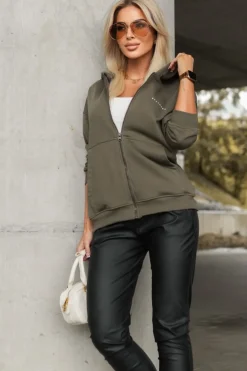 CandyTM BLUZA DRESOWA ROZPINANA Z KAPTUREM Z MINIMALISTYCZNYM NAPISEM KHAKI