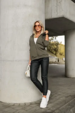 CandyTM BLUZA DRESOWA ROZPINANA Z KAPTUREM Z MINIMALISTYCZNYM NAPISEM KHAKI