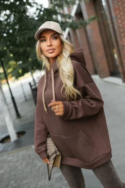 CandyTM BLUZA DRESOWA Z KAPTUREM OCIEPLANA Z KOLOROWYMI TROCZKAMI BRĄZOWA