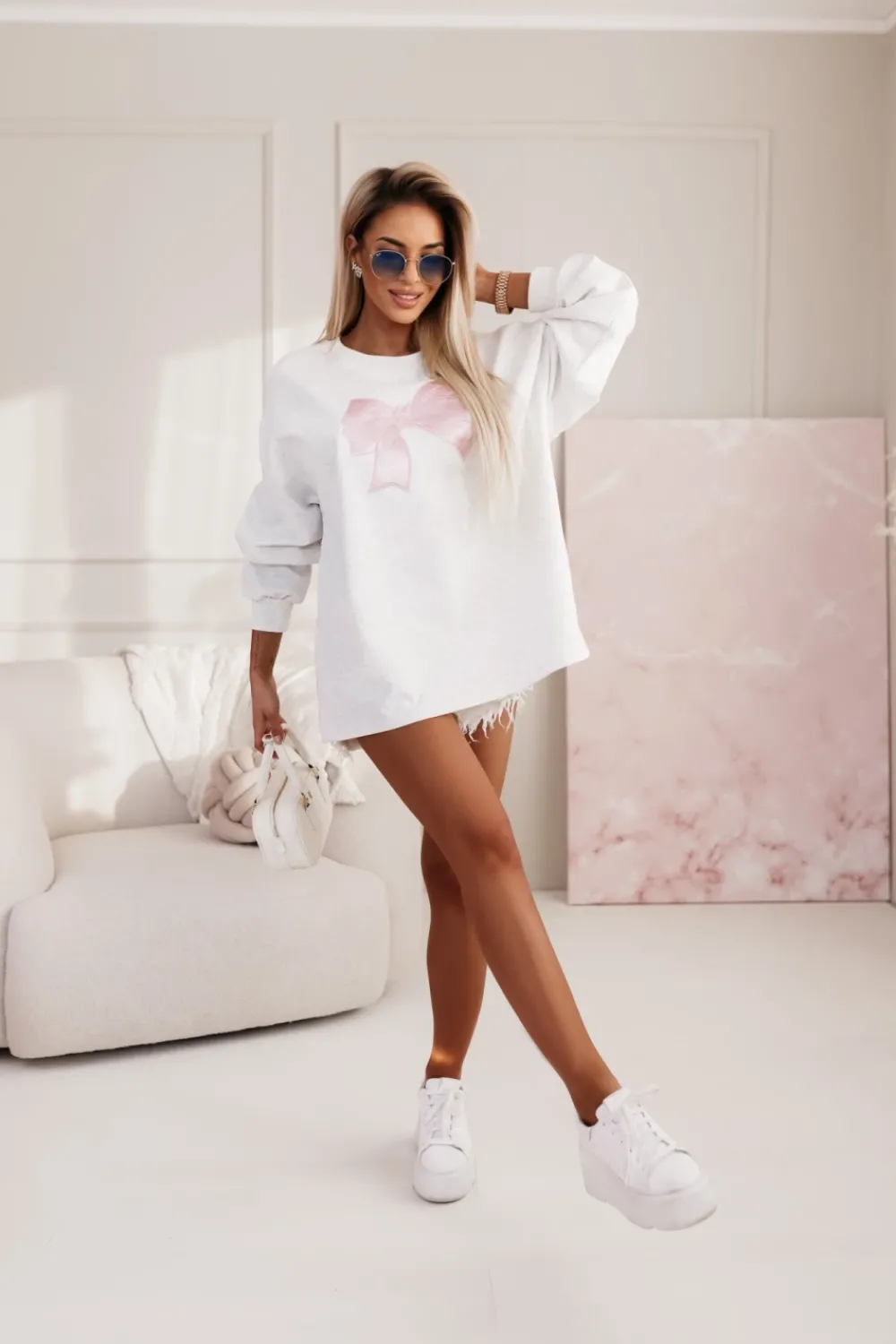 CandyTM BLUZA SUNNY Z RÓŻOWĄ KOKARDĄ SZARA