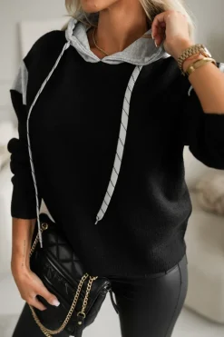 CandyTM BLUZA SWETERKOWA SARA Z KAPTUREM CZARNO-SZARA