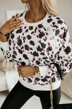 CandyTM BLUZA SWETERKOWA ZDOBIONA GUZIKAMI PANTERKA BIAŁO-BORDOWA