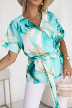 CandyTM BLUZKA ALICE Z KRÓTKIM RĘKAWEM Z KOPERTOWYM DEKOLTEM ZIELONO-BEŻOWA