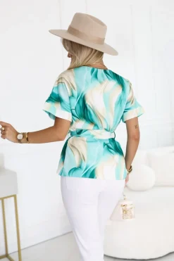 CandyTM BLUZKA ALICE Z KRÓTKIM RĘKAWEM Z KOPERTOWYM DEKOLTEM ZIELONO-BEŻOWA