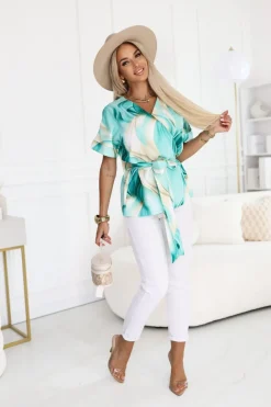 CandyTM BLUZKA ALICE Z KRÓTKIM RĘKAWEM Z KOPERTOWYM DEKOLTEM ZIELONO-BEŻOWA