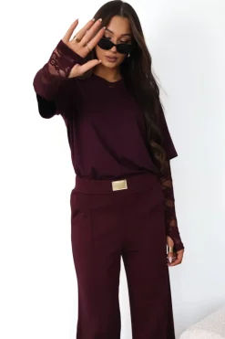 CandyTM BLUZKA BASIC BAWEŁNIANA Z KORONKOWYMI RĘKAWAMI JAGODOWA