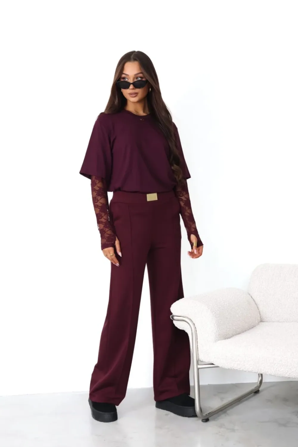 CandyTM BLUZKA BASIC BAWEŁNIANA Z KORONKOWYMI RĘKAWAMI JAGODOWA