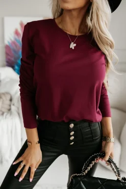CandyTM BLUZKA BAWEŁNIANA BASIC Z DŁUGIM RĘKAWEM Z OKRĄGŁYM DEKOLTEM BURDGUNOWA