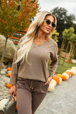 CandyTM BLUZKA BAWEŁNIANA SISI Z PRĄŻKOWANEGO MATERIAŁU Z KORONKĄ NA PLECACH BRĄZOWA