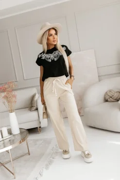 CandyTM BLUZKA BAWEŁNIANA Z AŻUROWĄ WSTAWKĄ NA DEKOLCIE CZARNA