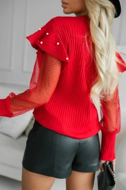 CandyTM BLUZKA BAWEŁNIANA Z KOLIĄ I TIULOWYMI RĘKAWAMI W GROSZKI CZERWONA