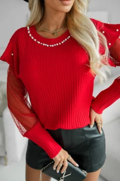 CandyTM BLUZKA BAWEŁNIANA Z KOLIĄ I TIULOWYMI RĘKAWAMI W GROSZKI CZERWONA