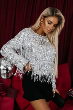 CandyTM BLUZKA CEKINOWA GIORGIA Z FRĘDZLAMI SREBRNA