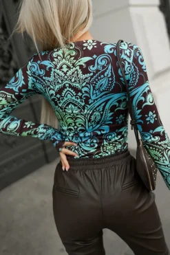CandyTM BLUZKA HELEN BASIC Z DŁUGIM RĘKAWEM ETNO BRĄZOWO-TURKUSOWA