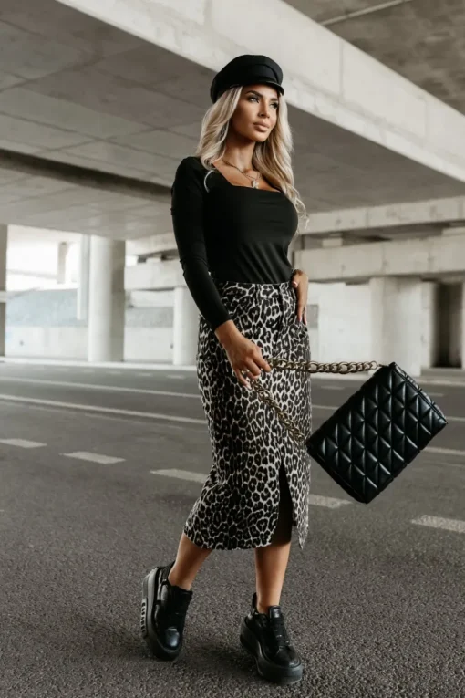 CandyTM SPÓDNICA JEANSOWA MIDI Z ROZCIĘCIEM Z PRZODU PANTERA ECRU-CZARNA