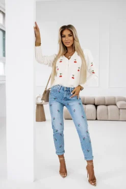 CandyTM SPODNIE JEANSOWE TYPU BOYFRIEND Z HAFTOWANYMI KWIATAMI I CYRKONIAMI NIEBIESKI JEANS