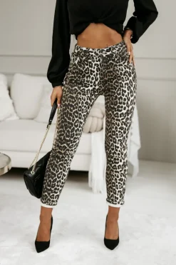 CandyTM SPODNIE JEANSOWE Z MOTYWEM PANTERKI ECRU-CZARNE