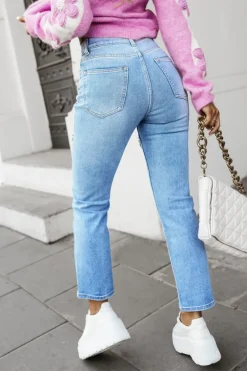 CandyTM SPODNIE JEANSOWE Z ROZCIĘCIEM NA UDACH OZDOBIONE KRYSZTAŁKAMI NIEBIESKI JEANS