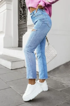 CandyTM SPODNIE JEANSOWE Z ROZCIĘCIEM NA UDACH OZDOBIONE KRYSZTAŁKAMI NIEBIESKI JEANS