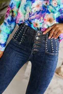 CandyTM SPODNIE JEANSOWE Z WYSOKIM STANEM ZDOBIONE NITAMI CIEMNY JEANS