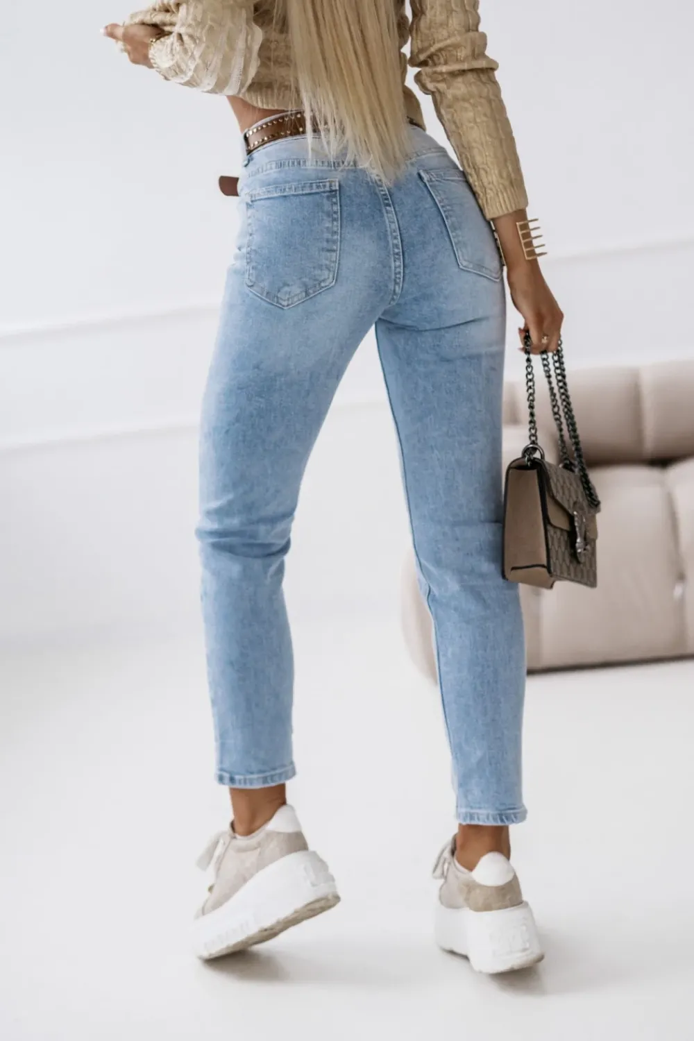 CandyTM SPODNIE JEANSOWE Z WYSOKIM STANEM Z PASKIEM W KOMPLECIE BŁĘKITNY JEANS