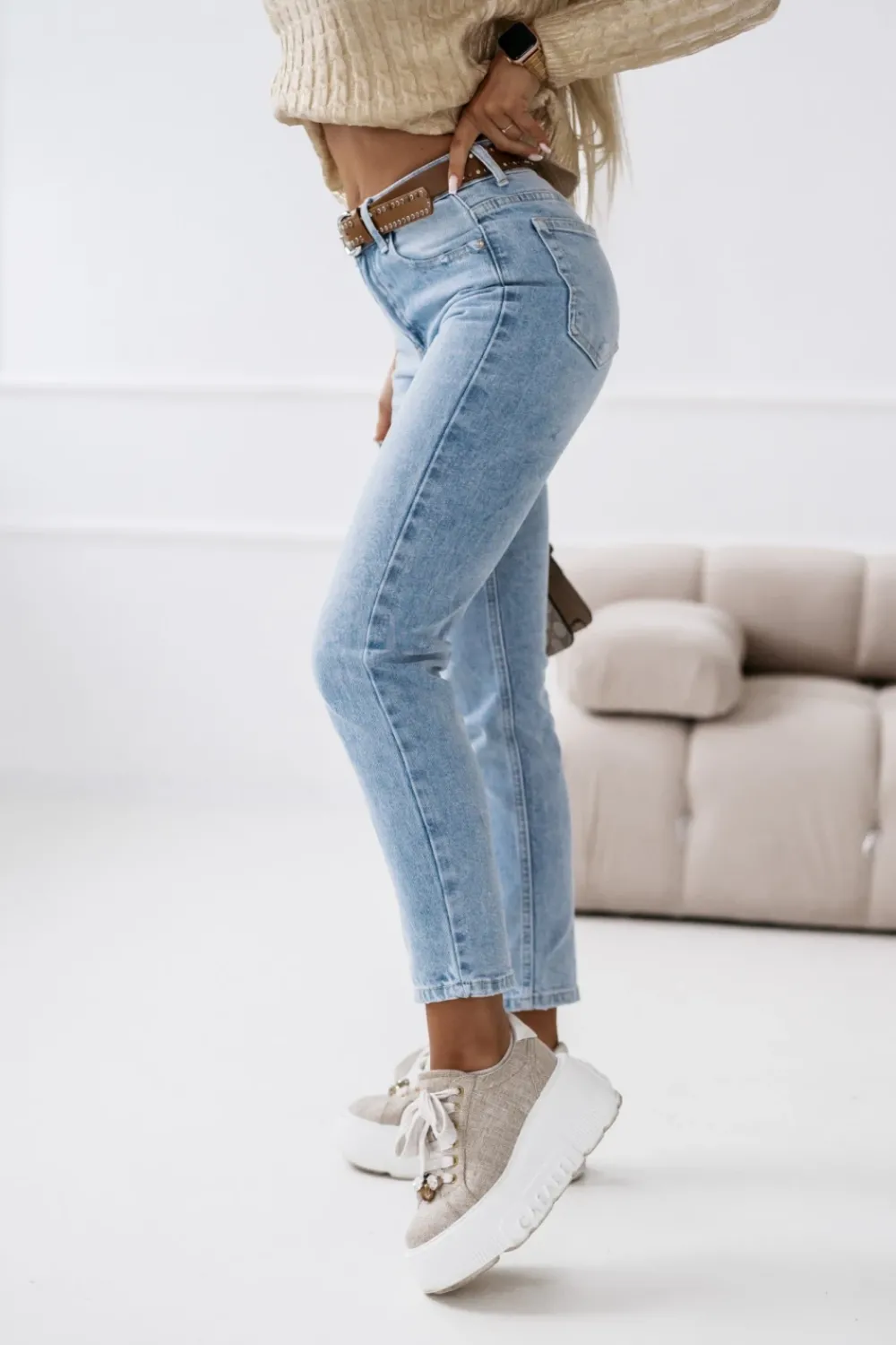 CandyTM SPODNIE JEANSOWE Z WYSOKIM STANEM Z PASKIEM W KOMPLECIE BŁĘKITNY JEANS
