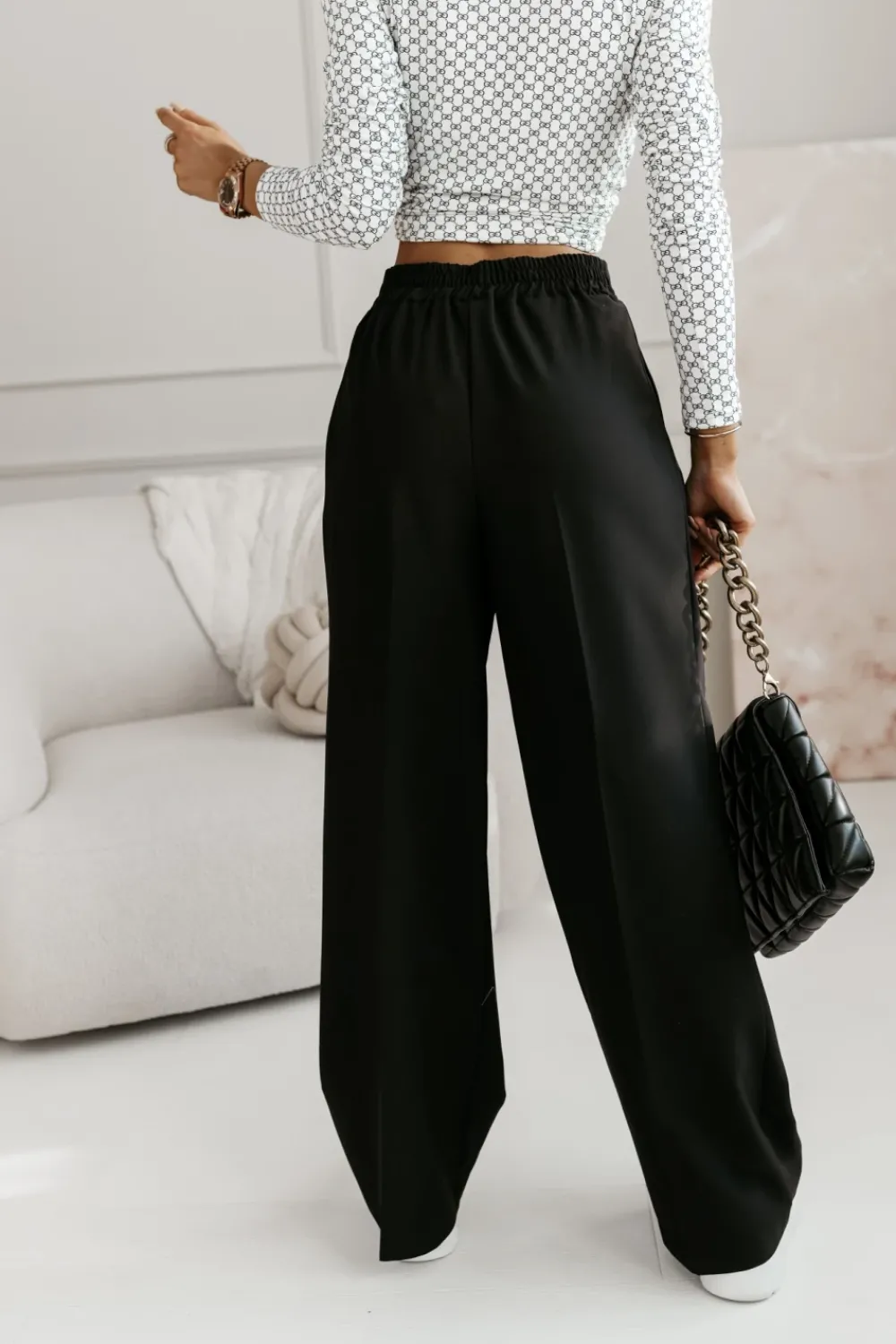 CandyTM SPODNIE MATERIAŁOWE ROBBEN Z WYSOKIM STANEM Z GUMĄ W PASIE CZARNE