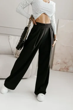 CandyTM SPODNIE MATERIAŁOWE ROBBEN Z WYSOKIM STANEM Z GUMĄ W PASIE CZARNE