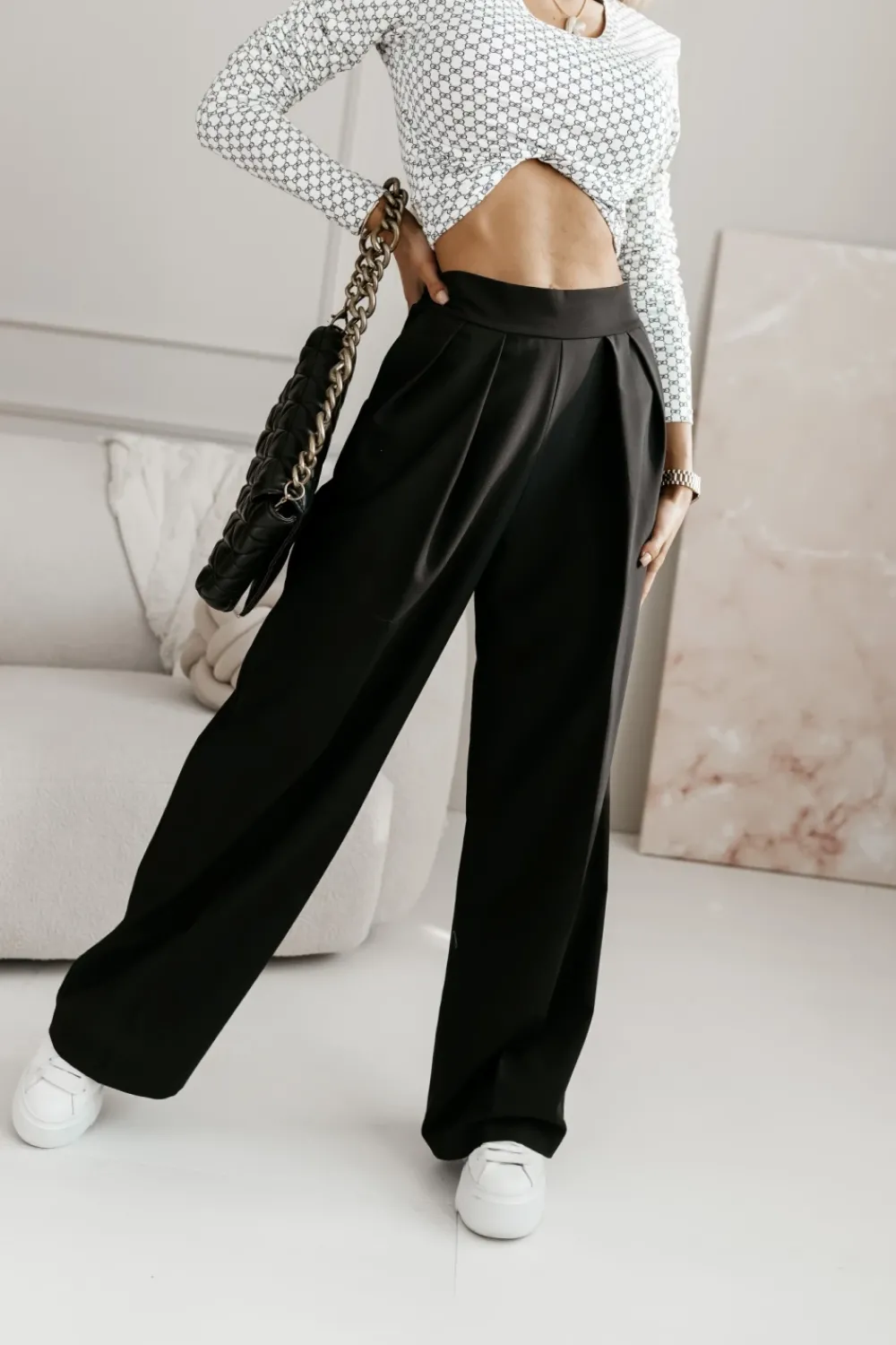 CandyTM SPODNIE MATERIAŁOWE ROBBEN Z WYSOKIM STANEM Z GUMĄ W PASIE CZARNE